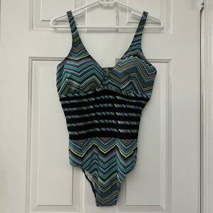 Swimsuits For All TropicalCulture Chevron Blue and Green One Piece Swimsuit